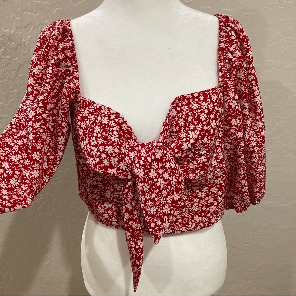Kikula Red Floral Puff Sleeve Tie-Front Crop Top Size L